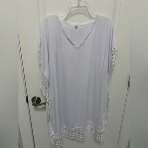Women’s White Swim Cover-up, Fringe Accents, One Size Fits Like X-Large, NWOT